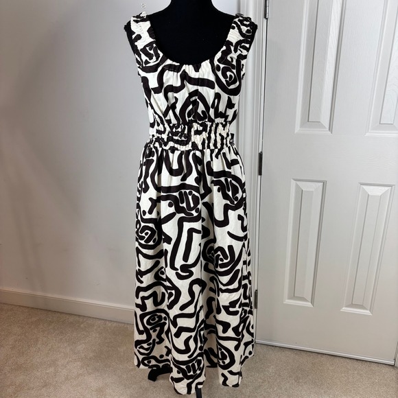 REISS Akari Printed Midi Dress Brown White Sleeveless Gathered Waist Size 2 NWOT